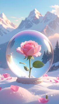 A delicate pink rose in a snowglobe on a snowy mountain