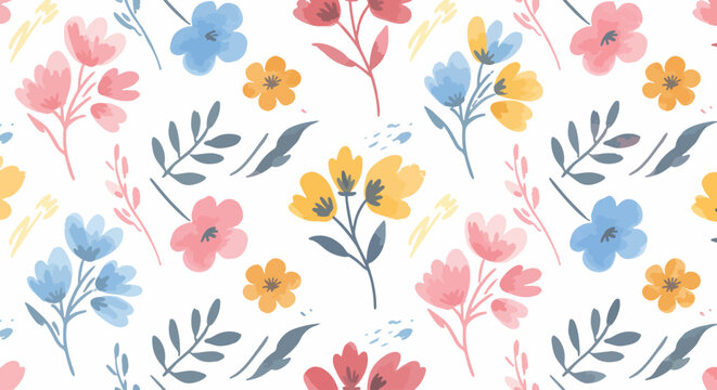 Seamless pattern of delicate flowers and leaves arranged in a light and airy decorative style