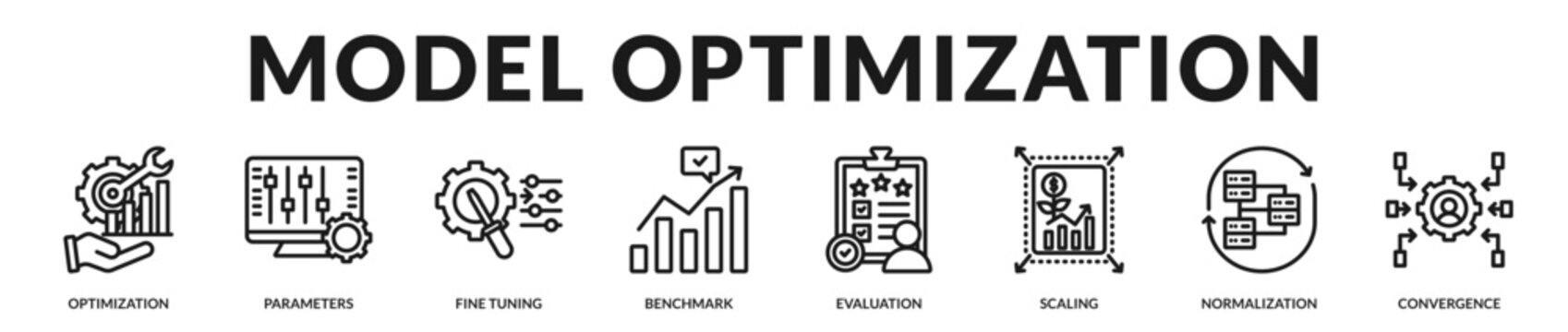 Model optimization banner showcasing refined evaluation metrics and scalable performance enhancement strategies in Lineal Icon Style