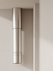 Fototapeta premium Sleek brushed metal chimney pipe extending from ceiling to wall in minimalist interior