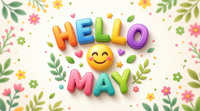 Cute colorful &ldquo;Hello May&rdquo; 3D lettering decorated with spring flowers, leaves, butterflies, and a smiling face on a soft pastel background. Cheerful seasonal greeting perfect for spring or May.