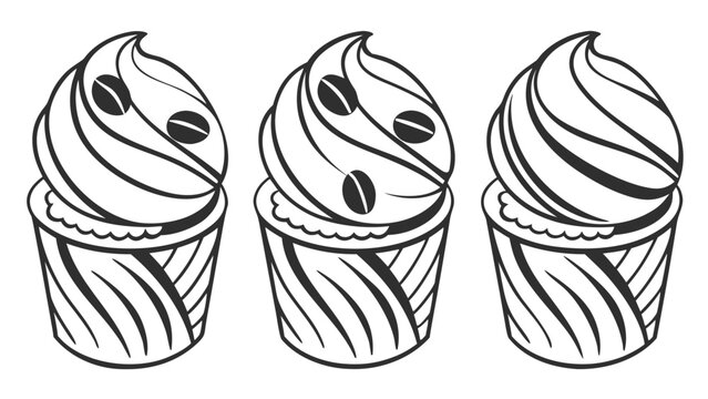 Vector illustration of Line Art Sweet Treats: Three Vanilla Cupcakes with Coffee Beans in Cute Liners