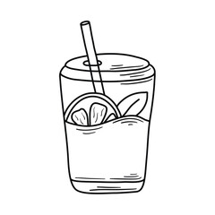 Refreshing drink to go, doodle sketch style. Hand drawn plastic cup of juice, lemon wedge, mint leaf and straw. Vector graphic © Iry