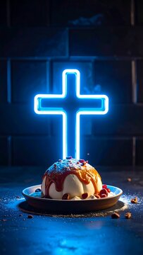 A dessert with a neon cross on top