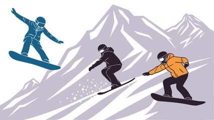 Obraz premium Vector illustration of Snowboarding and Skiing Extreme Sports on Snowy Mountains