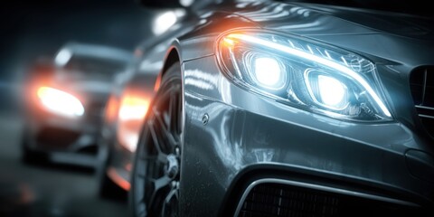 Fototapeta premium Close-up of a sleek, modern luxury car's illuminated headlights in motion