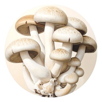 A detailed illustration of a cluster of mushrooms with varying cap sizes