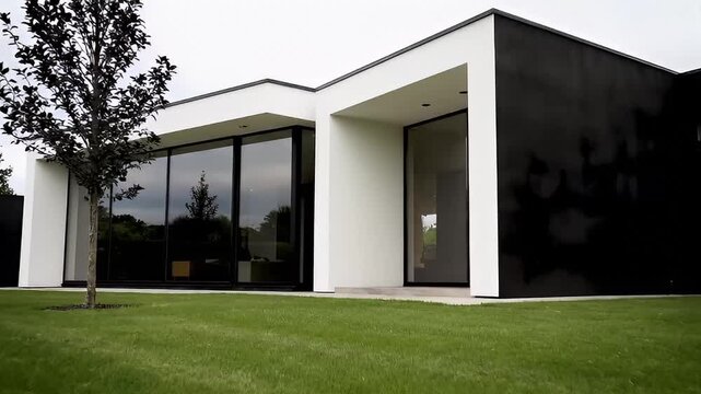 Modern Minimalist House Exterior with Large Windows.