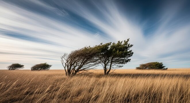 A dramatic landscape view showcasing severe weather conditions as intense seasonal winds violently sweep through dry, tall grasses and bending trees, turbulence, weather, tree