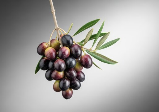 A large cluster of ripe, healthy olives, colored deep purple and black, ready for harvesting from a sturdy branch during the autumn season, food, tree, commodity