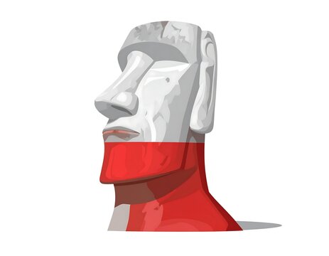 A digital illustration of a Moai statue with a red and white color scheme
