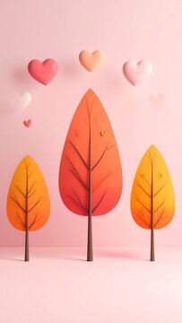 A digital illustration of colorful trees and hearts on pink background