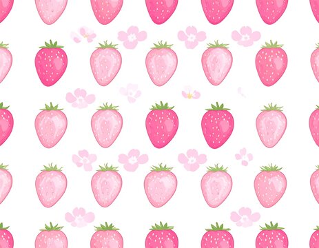 A digital illustration of pink strawberries and flowers on white background