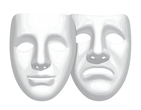 A digital illustration of two white theater masks