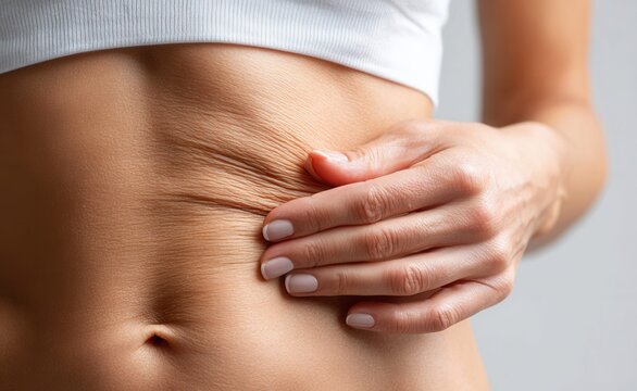 Close-up of a woman's abdomen showing loose skin and wrinkles with her hand pinching it
