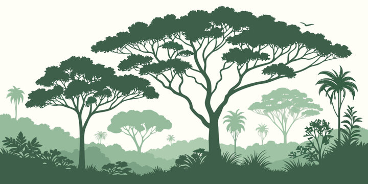 A group of trees in a forest with a white sky Vector