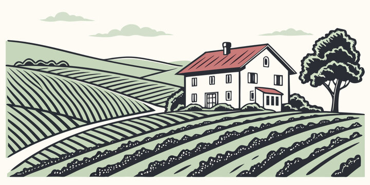 A house in the countryside with a red roof Vector