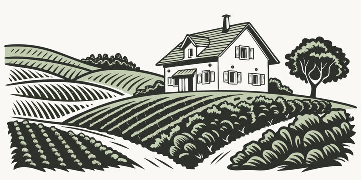 A house on a farm with fields and trees Vector
