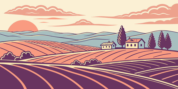 A serene rural landscape at sunset with rolling hills and a house Vector