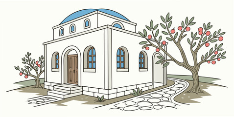 A white building with a blue roof and a tree in front Vector © MST RABEYA BEGUM