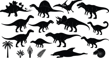 Silhouettes of diverse prehistoric dinosaurs, marine reptiles, ammonite fossils, and ancient plants including ferns and palm trees, educational  © MstHanufa
