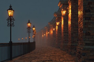 Fototapeta premium 3D-rendered brick column colonnade with warm street lamps along a curved walkway at dusk