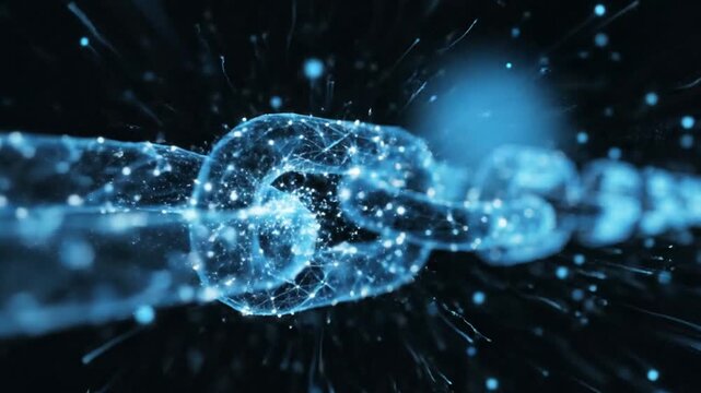 A breaking chain of blue particles explodes into fragments from a central point in a dark, abstract background