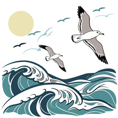 Fototapeta premium Seagulls flying over a large wave by the sun Vector