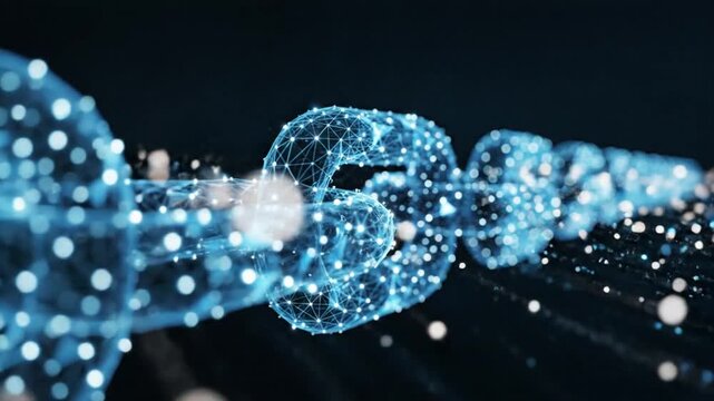 A futuristic chain breaking apart with sparkling blue particles and glowing nodes, showcasing technology, innovation, and progress from a close-up viewpoint