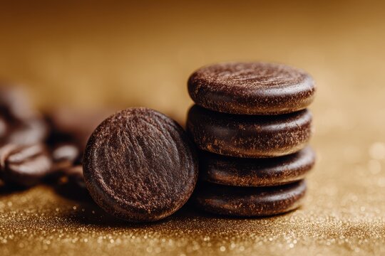 A stack of rich dark chocolate peppermint patties on a sparkling gold surface, showcasing their decadent texture and inviting flavor, tempting the taste buds.