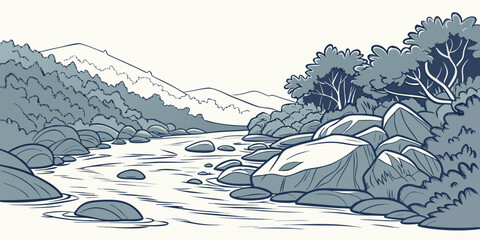 Fototapeta premium A serene landscape with a river flowing through mountains Vector
