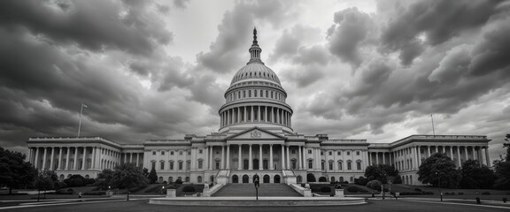 Fototapeta premium Historic architecture of the u.S. Capitol building washington d.C. Black and white photography dramatic cloudy sky wide angle view