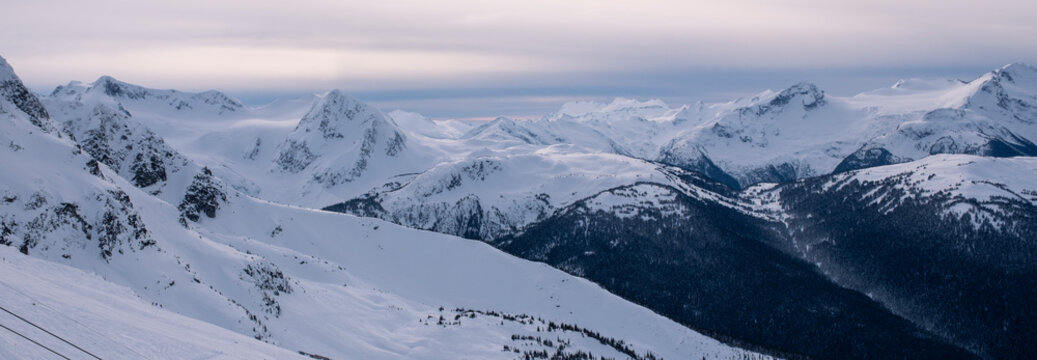 Landscape of snow covered mountains and glaciers in Whistler