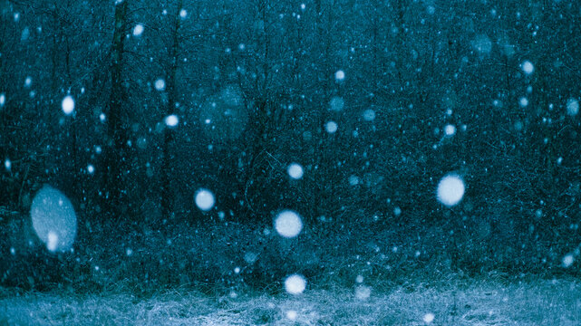 Snowflakes fall against dark background in storm