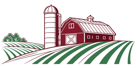 A red barn and silo on a farm with green fields Vector © MST RABEYA BEGUM