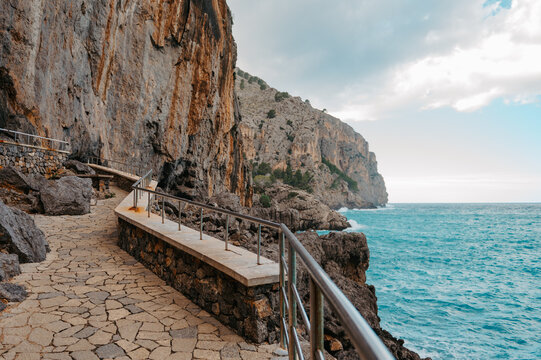 Spectacular cliffside walkway at Sa Cova near Torrent de Pareis
