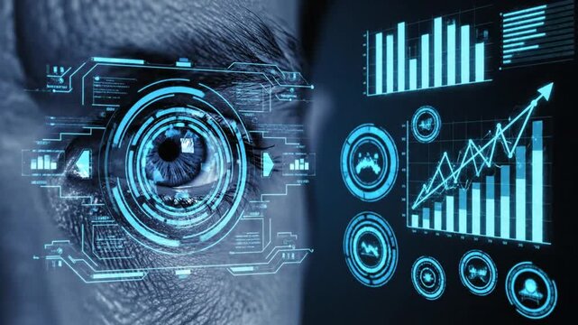 A close-up of a human eye with futuristic technology and data visualization overlays