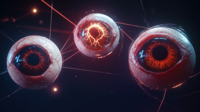 Sports Eye Safety: human eye models each displaying sports injury type, hyphema with blood pooling, corneal abrasion surface damage, orbital fracture bone structure,retinal detachment layer separation