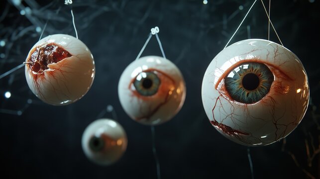 Sports Eye Safety: human eye models each displaying sports injury type, hyphema with blood pooling, corneal abrasion surface damage, orbital fracture bone structure,retinal detachment layer separation