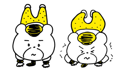 逆立ちするクマのキャラクターとしんどそうに震えている姿