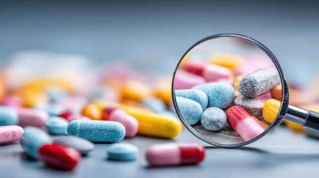 Magnifying glass over colorful pills and capsules, close-up view of medication detail