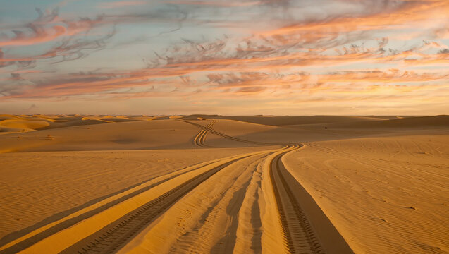 Deep Tire Tracks Crossing Sand Dunes in Vast Desert Landscape Under Dramatic Sunset Sky