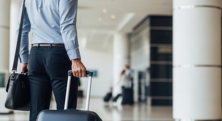 Businessman with suitcase walking in airport terminal for business trip. Close up of traveler in formal wear carrying luggage and leather bag. Modern transportation and executive lifestyle.