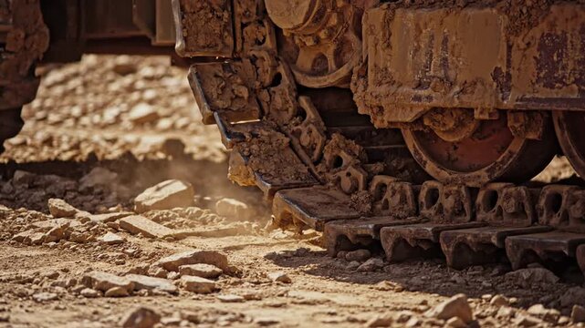 Heavy machinery operating on rocky terrain with dusty surroundings and intense sunlight