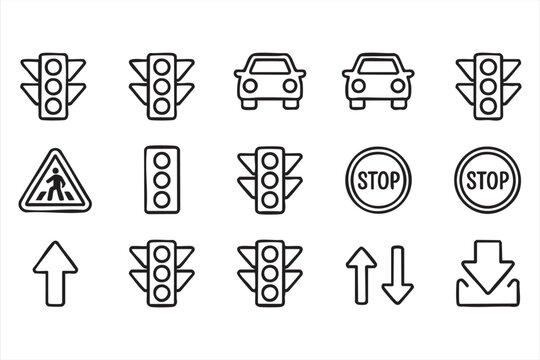 Traffic Road Sign and Signal Line Icon Set for Transportation and Driving
