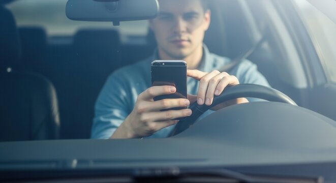 Young man using a smartphone while driving a car. Concept of dangerous driving, distracted driver, traffic violation, mobile phone addiction, and road safety risk.