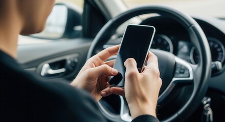 Close up of hands texting on smartphone while driving modern car. Distracted driver using mobile phone app on road. Risk of traffic accident, safety violation and irresponsible behavior.