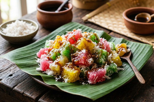 Cenil Indonesian Colorful Sweet with Props Banana Leaf Natural Light