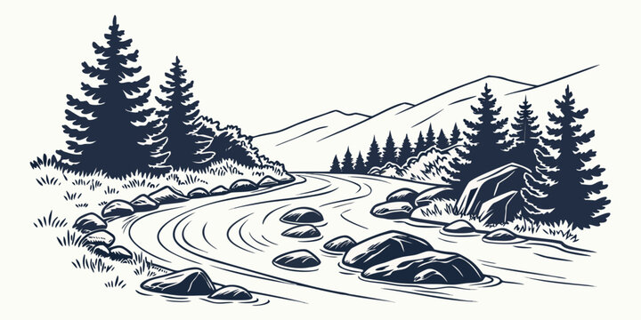 A mountain landscape with a river flowing through it Vector