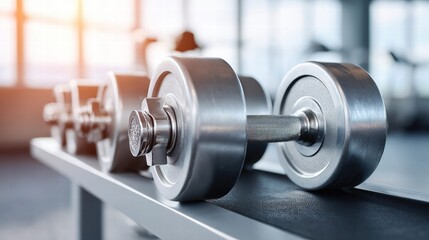 Fototapeta premium Dumbbells on a rack in a modern gym setting.